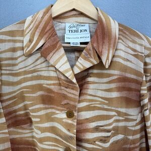 VTG Teri Jon Rickie Freeman Saks Fifth Ave Linen Brown SZ 14 Zebra Print Jacket